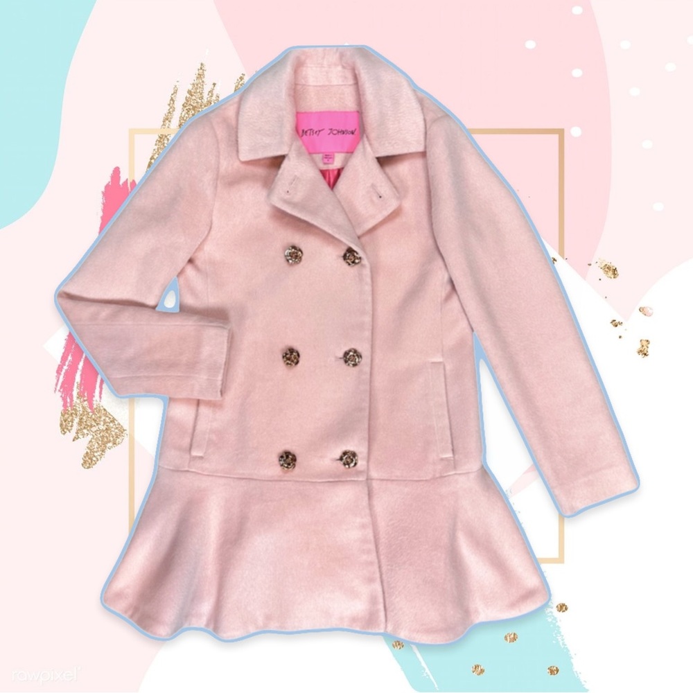 EUC Betsey Johnson pink princess peacoat double breasted ruffle long warm